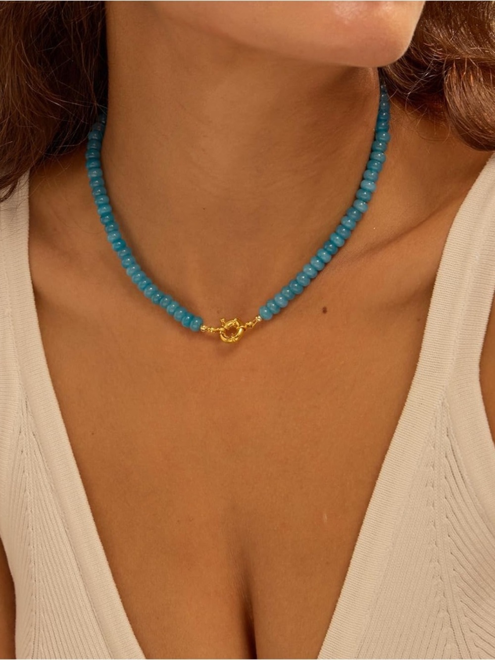 Sky Blue Sapphire Beaded Necklace with Gold Clasp - Picture 4 of 6